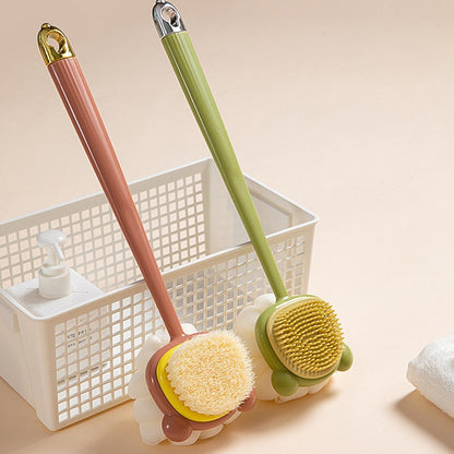 Bath scrub brush with a long handle that has stiff bristles and a sponge, used for bathing or dry brushing the body to remove skin