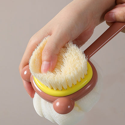 Bath scrub brush with a long handle that has stiff bristles and a sponge, used for bathing or dry brushing the body to remove skin